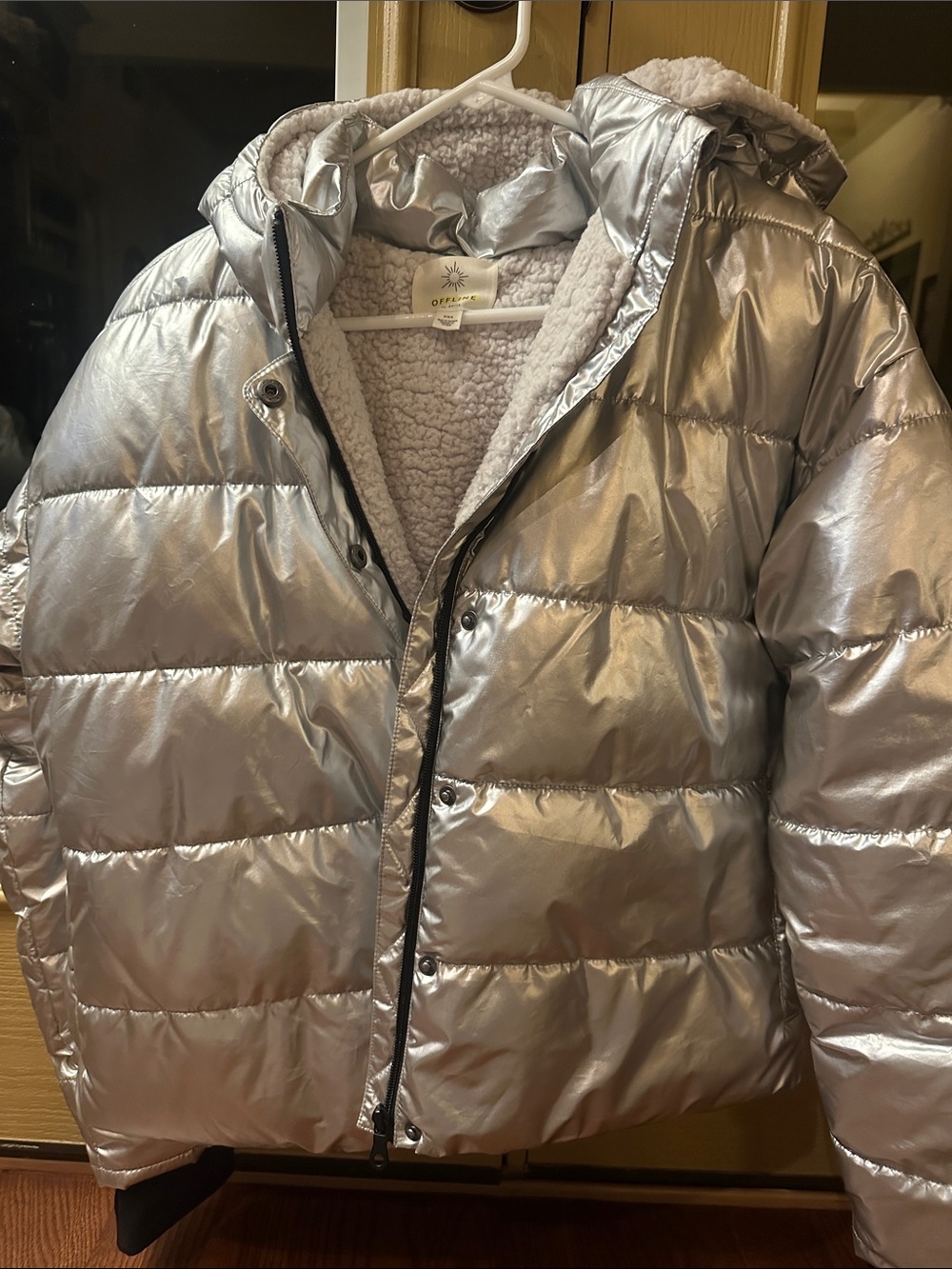 aerie Metallic Silver Hooded Puffer with Sherpa Lining